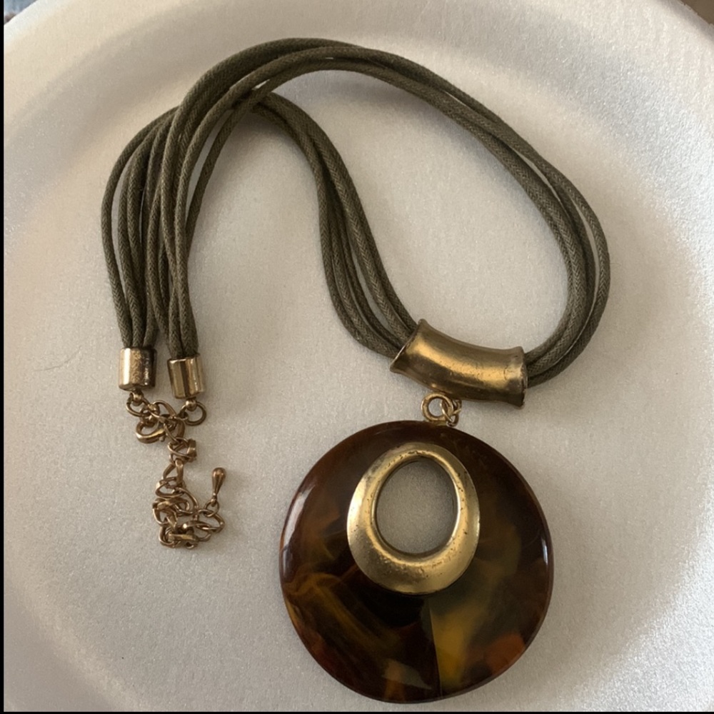 Gold Brown Round Swirl Hoop Cord Necklace